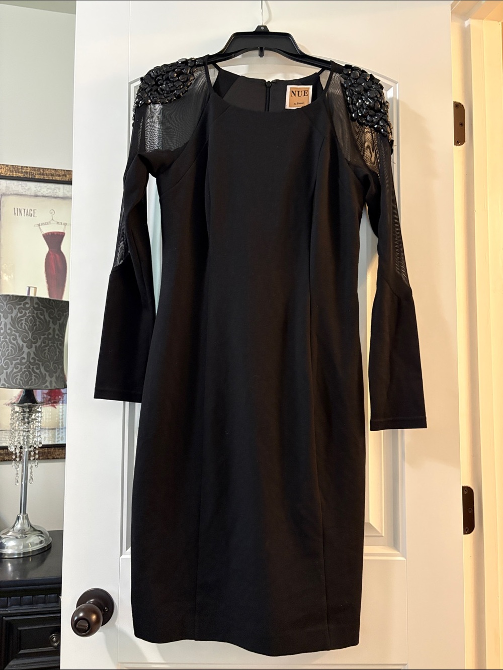 Nue by Shani Black Long-Sleeve Sheath Dress with Embellished Shoulders